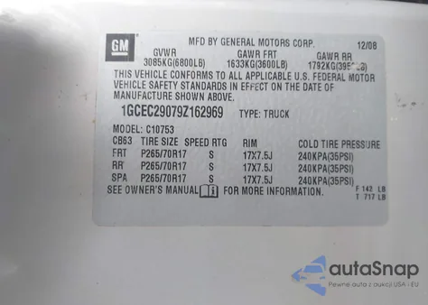 2009 Chevrolet Silverado 1500 Lt из США, поврежденный, VIN 1GCEC29079Z162969